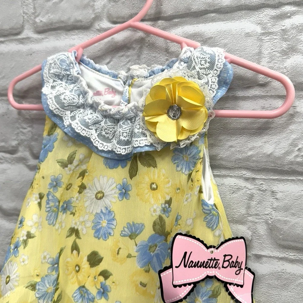 New Nannette Floral Yellow Dress Pink 18m  Baby Girls Lace Ruffled Summer Dress‎